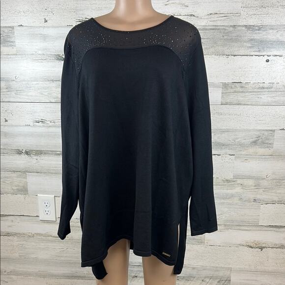 T Tahari Woman Plus Size Tunic 2X Mesh Rhinestones Long Sleeve Soft Stretchy Top - Picture 1 of 8